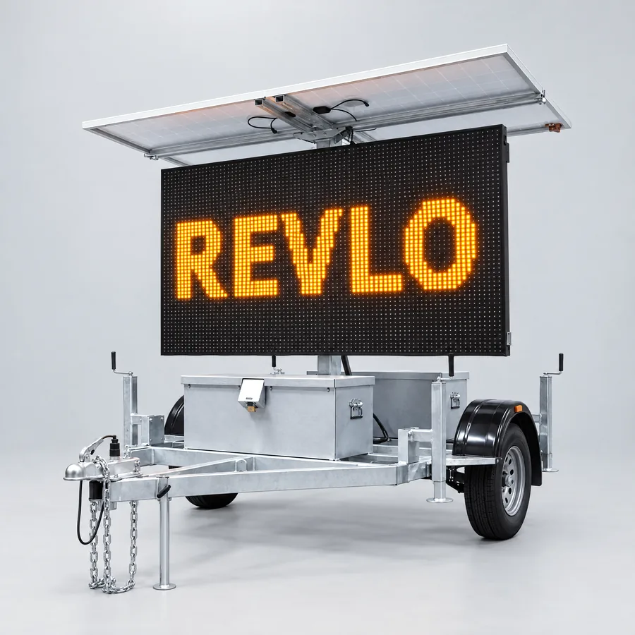 PMV móvel Revlo com placa solar aberta e painel de LED aceso
